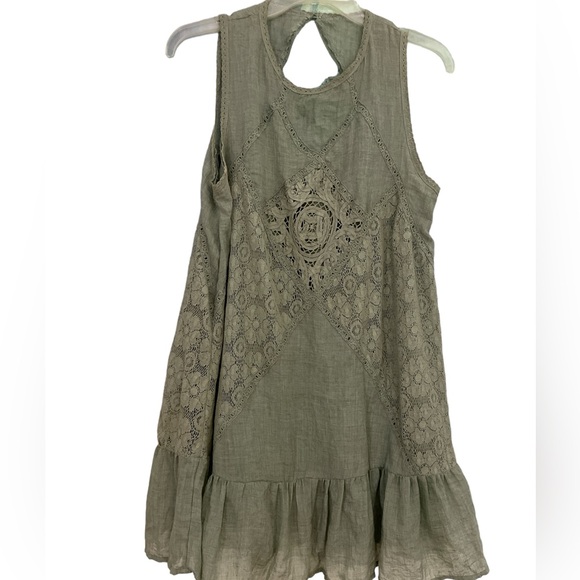 Sage olive green lace overlay open peek a boo back swing dress S boho casual - Picture 3 of 6